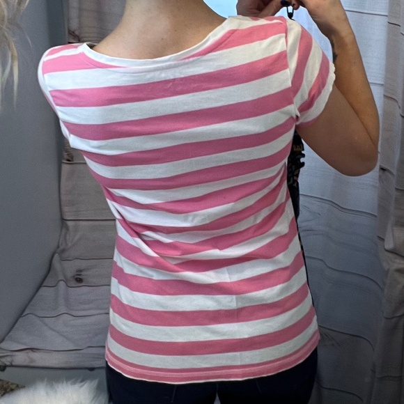 🔥2/$12 MOSSIMO•| Pink & White Striped Short Sleeve V-Neck Size XL - Picture 4 of 6